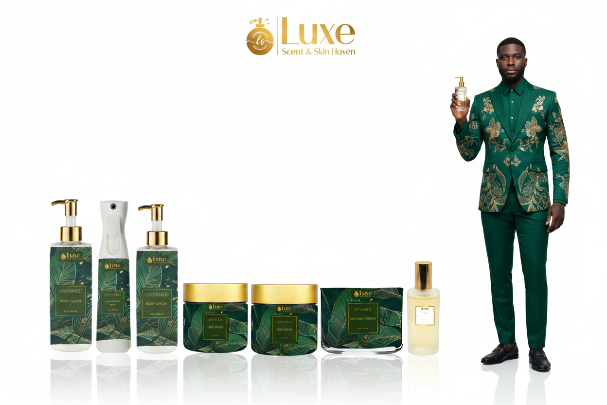 Untamed — 7-Piece Lineup, Black Male Model Forest Green Gold Suit Right